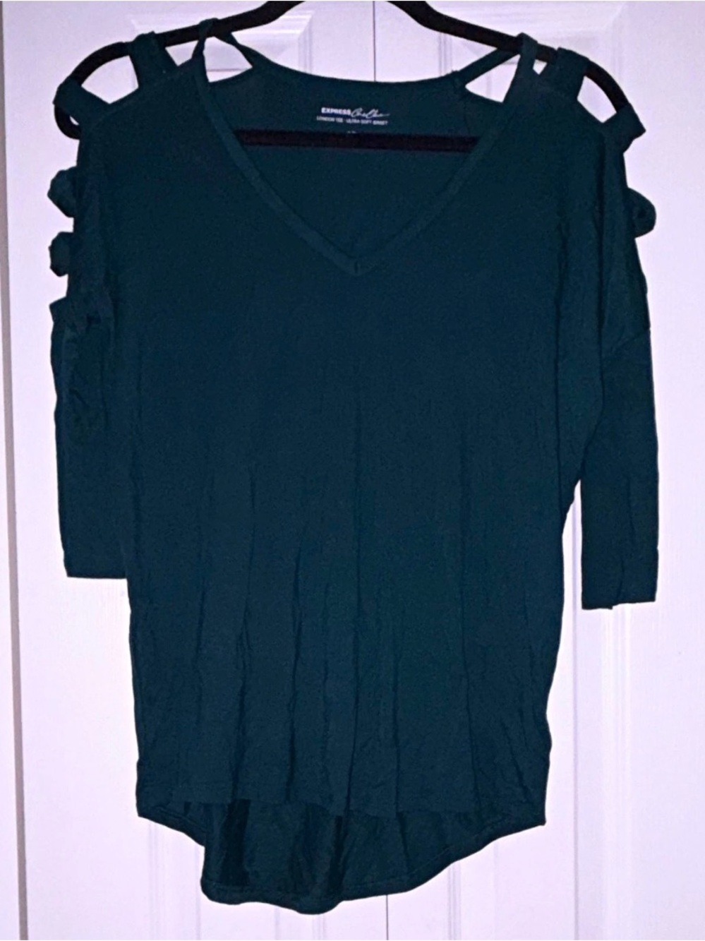 NEW! Express One Eleven London Tee Green Solid Jersey Cold Shoulder V-Neck XS